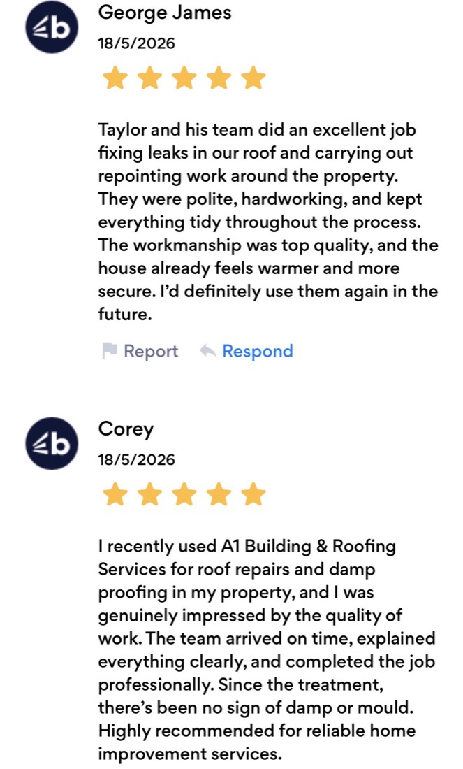 Five star customer reviews for A1 Roofing