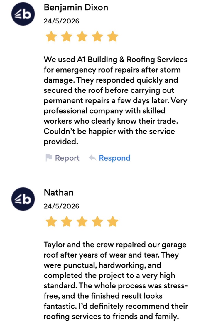 Five star customer reviews for A1 Roofing