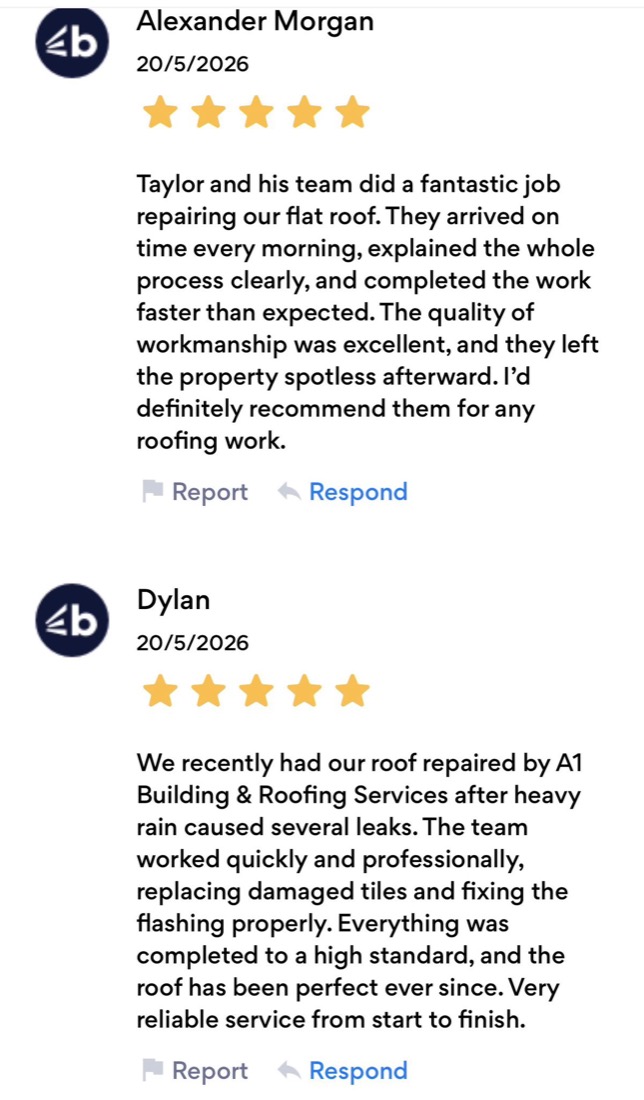 Five star customer reviews for A1 Roofing