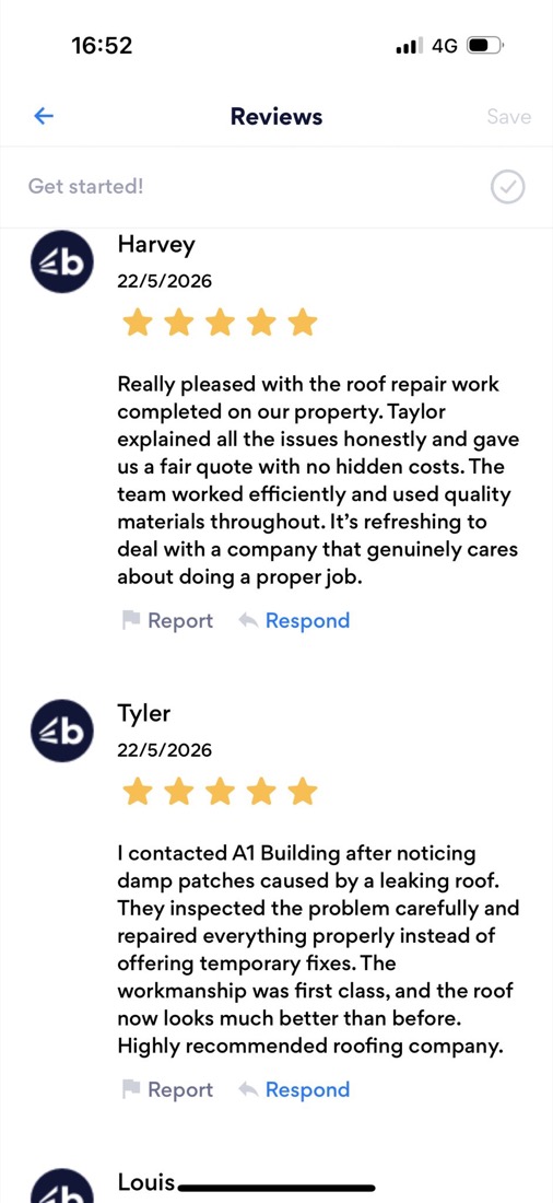 Five star customer reviews for A1 Roofing