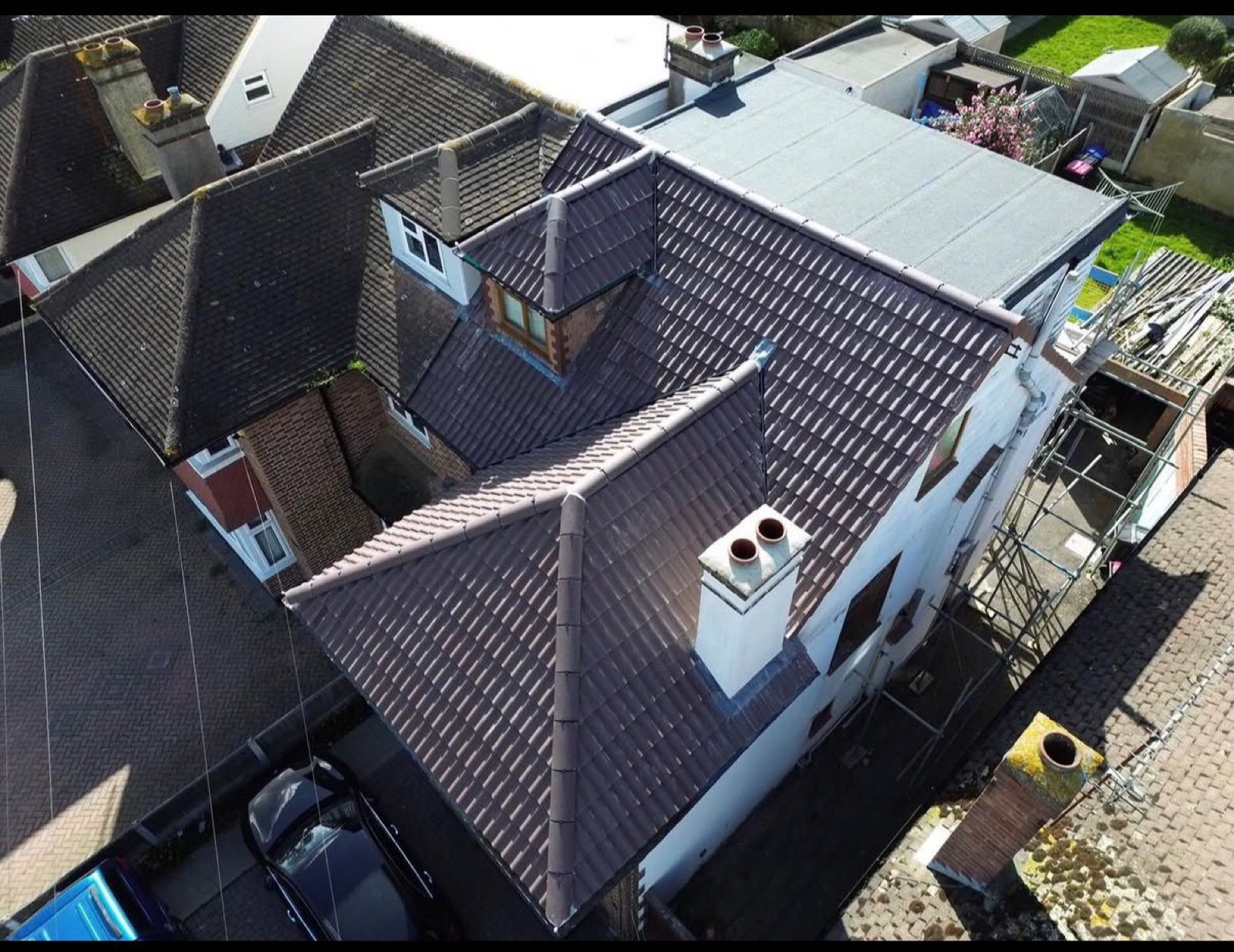 Full roof replacement, aerial view